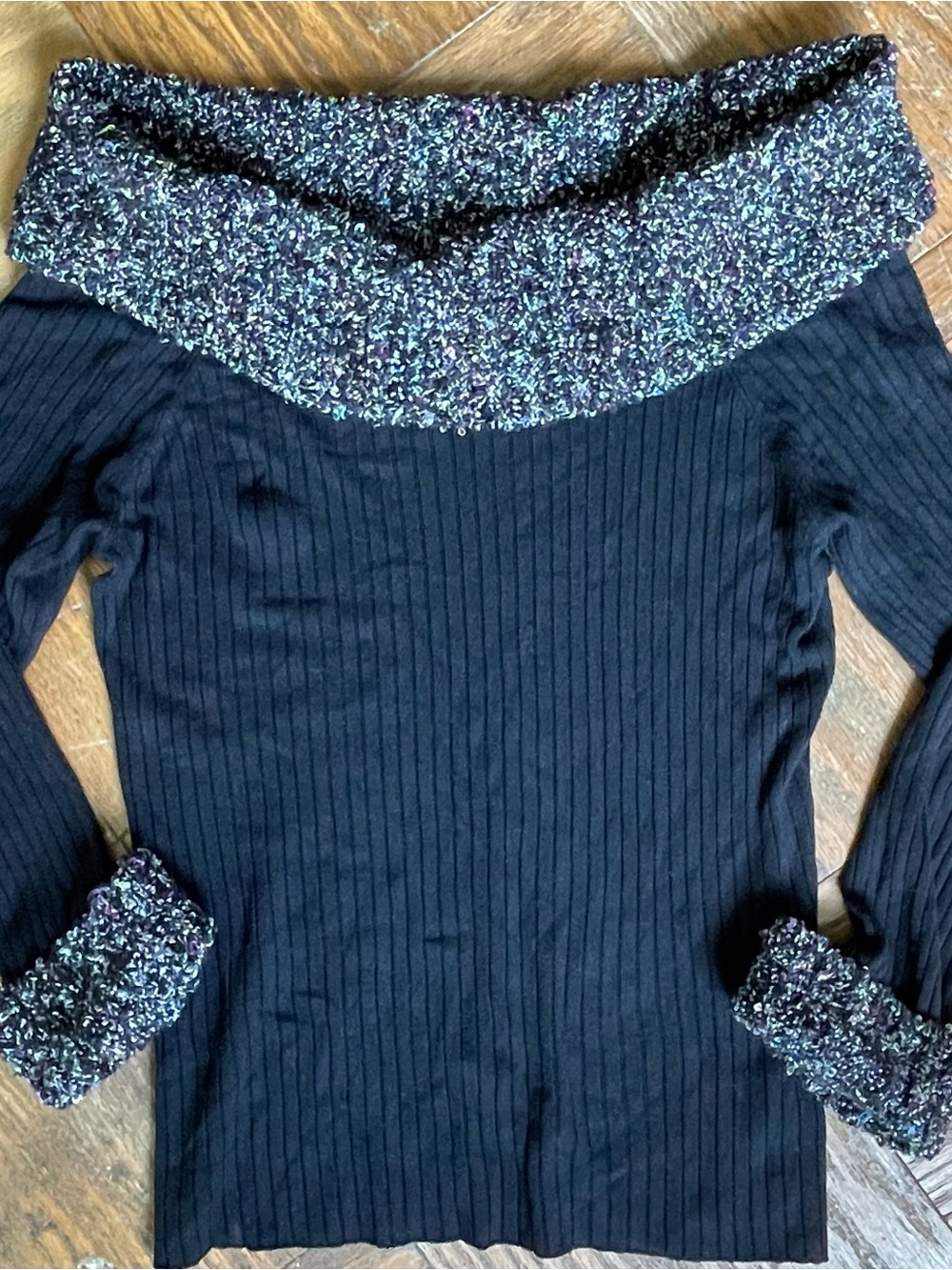 VINTAGE BEBE Y2K Black Ribbed Off the Shoulder Sequin Cowl Neck Sweater